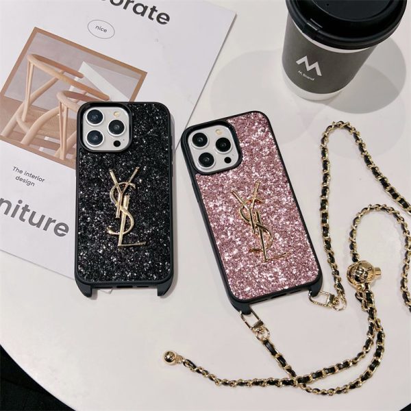 サンローラン スマホケース キラキラ ysl iphone16/15proケース スマホショルダー かわいい iphone14/14plus ケース ブランド レディース iphone13/12ケース 肩掛け チェーン 付き